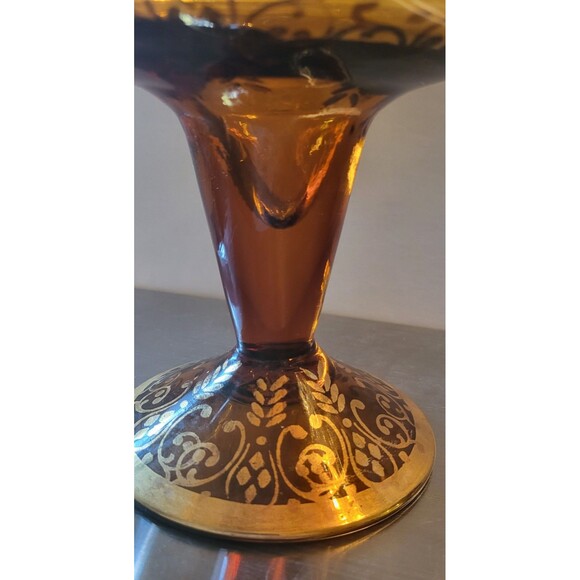 VINTAGE GOLD TONE GLASS PEDESTAL BOWL WITH PAINTED FLORAL ACCENT - Picture 5 of 5